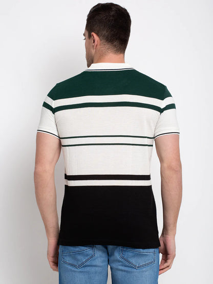 Men Green  White Striped Polo Collar T-shirt