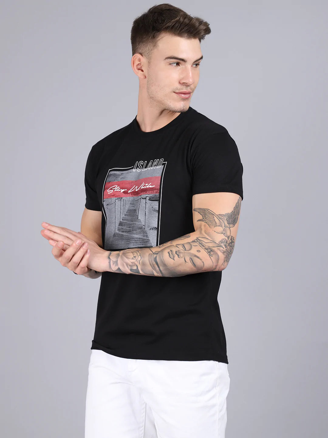 Men Black Printed Cotton Slim Fit T-shirt