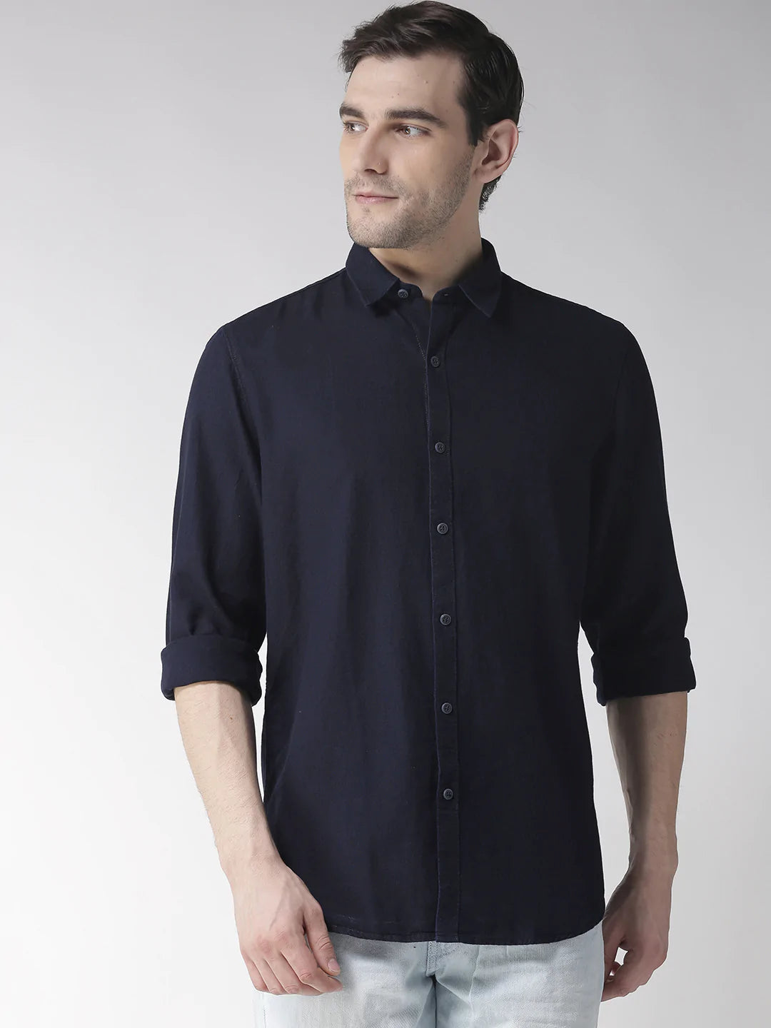 Men Navy Blue Slim Fit Solid Casual Shirt