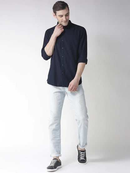 Men Navy Blue Slim Fit Solid Casual Shirt