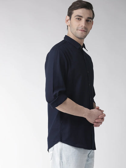Men Navy Blue Slim Fit Solid Casual Shirt