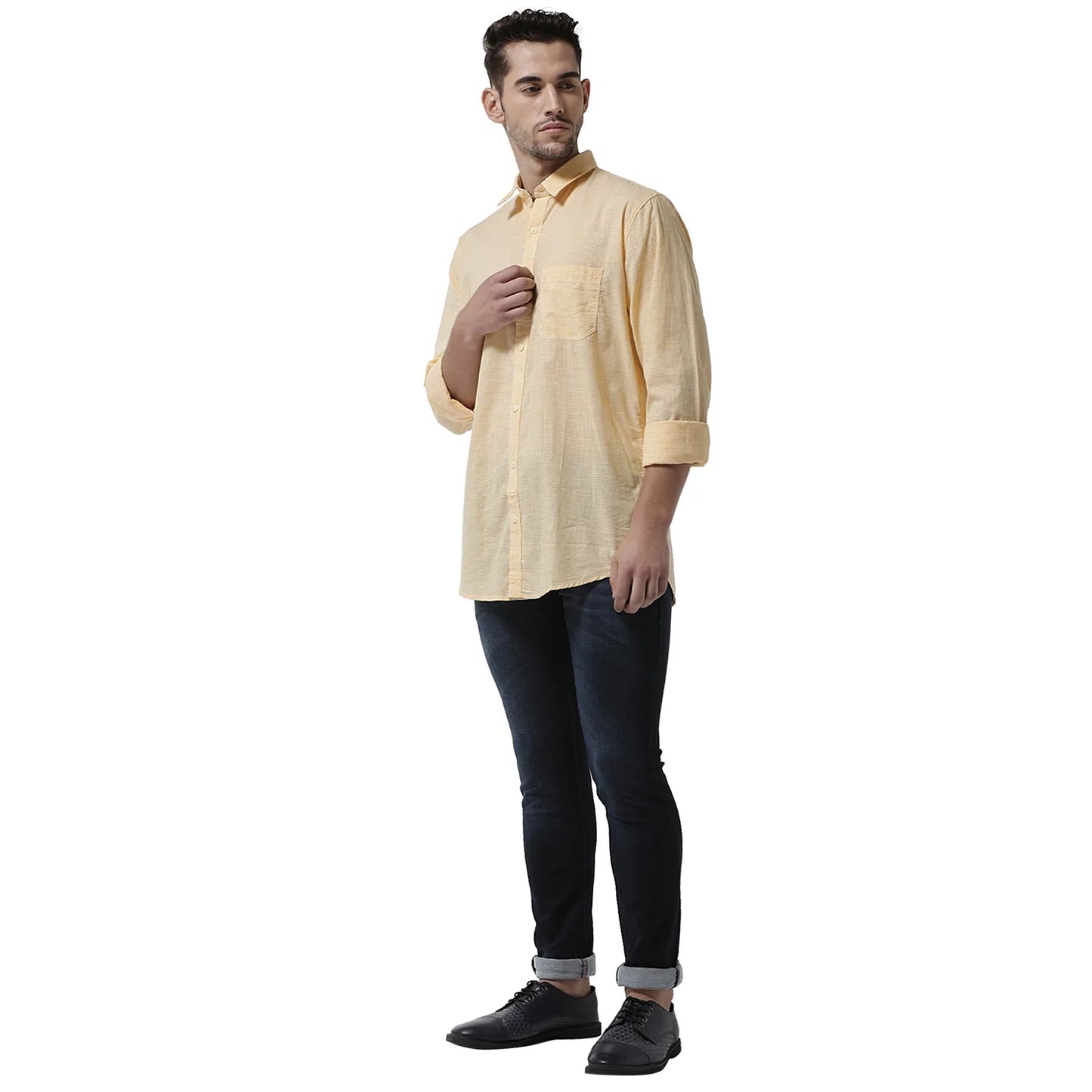 Men Yellow  White Slim Fit Checked Casual Shirt