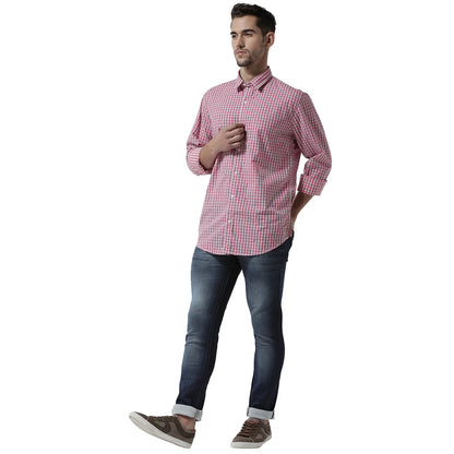 Men Pink  White Slim Fit Checked Casual Shirt