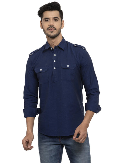 Men Navy Blue Solid Pathani Kurta