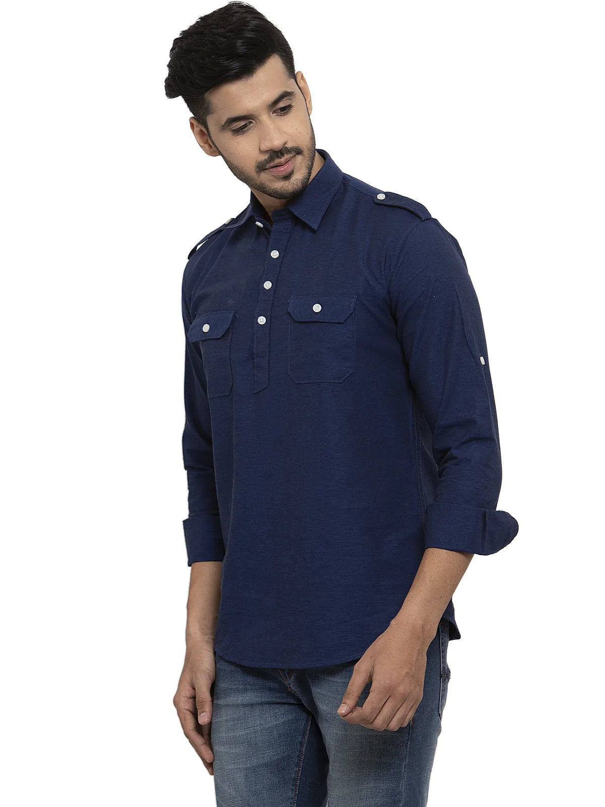 Men Navy Blue Solid Pathani Kurta