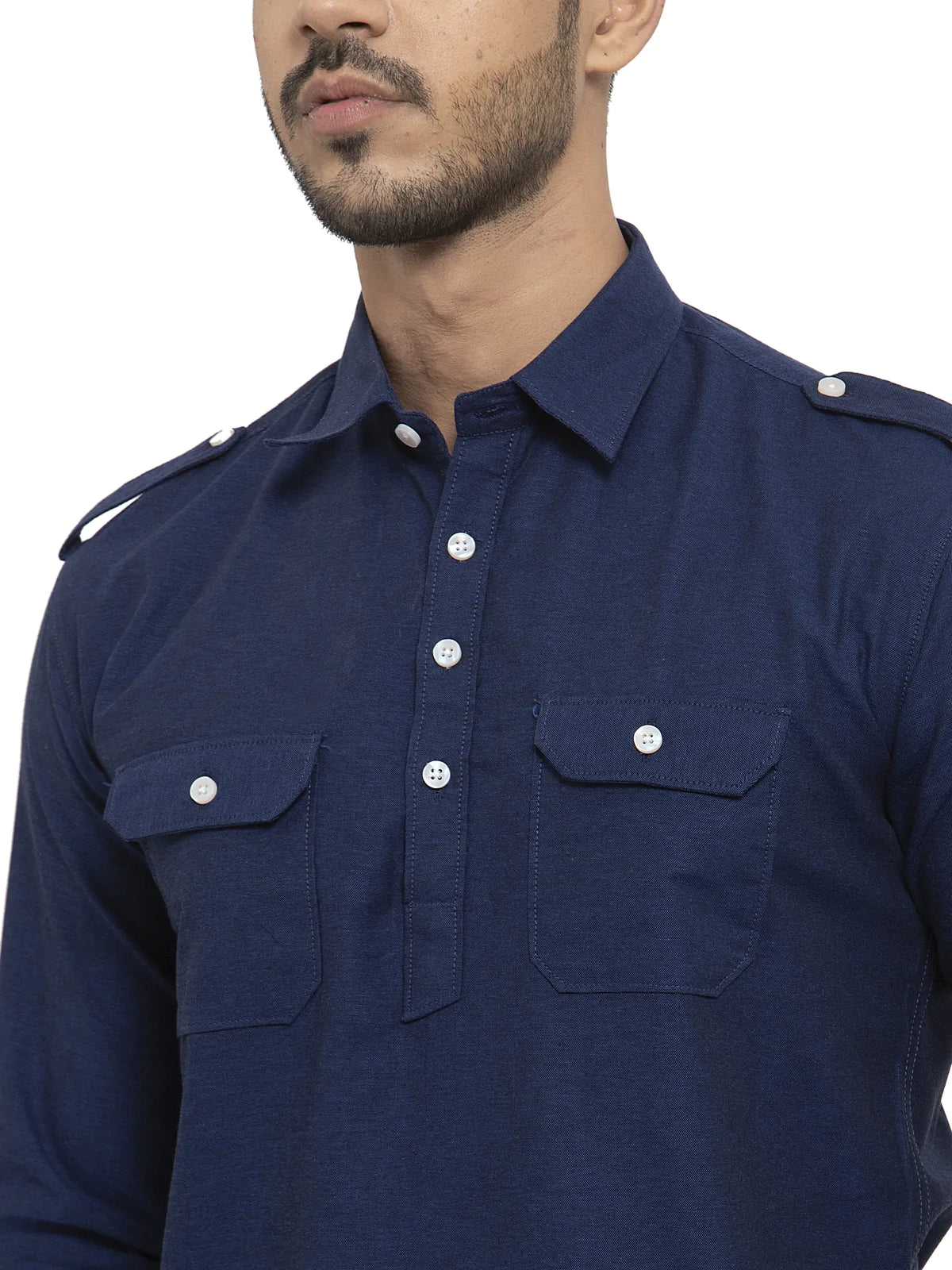 Men Navy Blue Solid Pathani Kurta