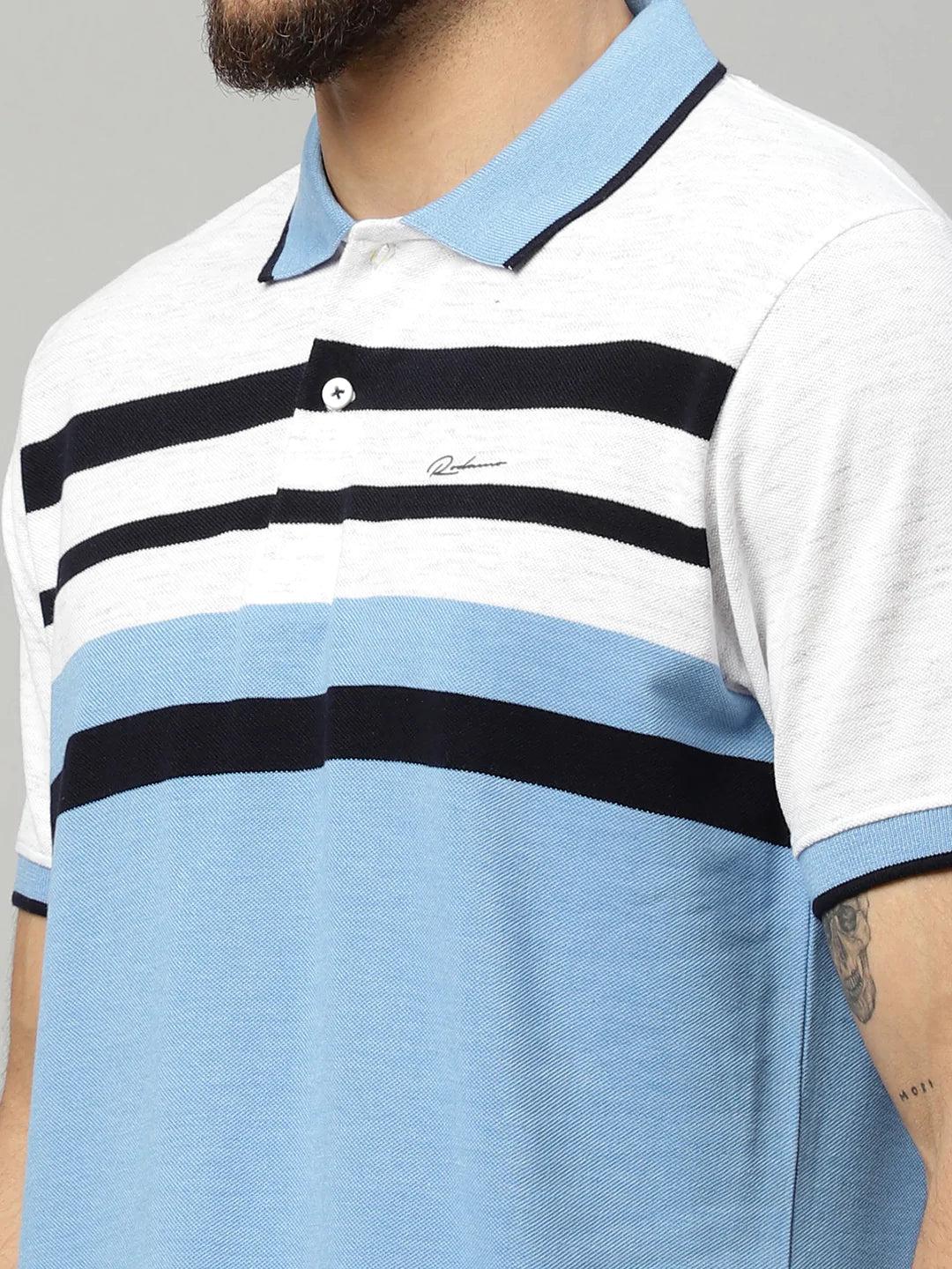 Men Multicoloured Striped Polo Collar T-shirt