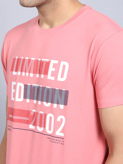 Men Pink  White Printed Slim Fit Cotton T-shirt