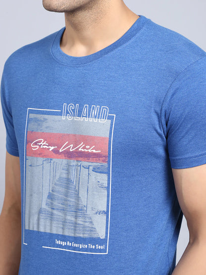 Men Blue  White Printed Slim Fit Cotton T-shirt