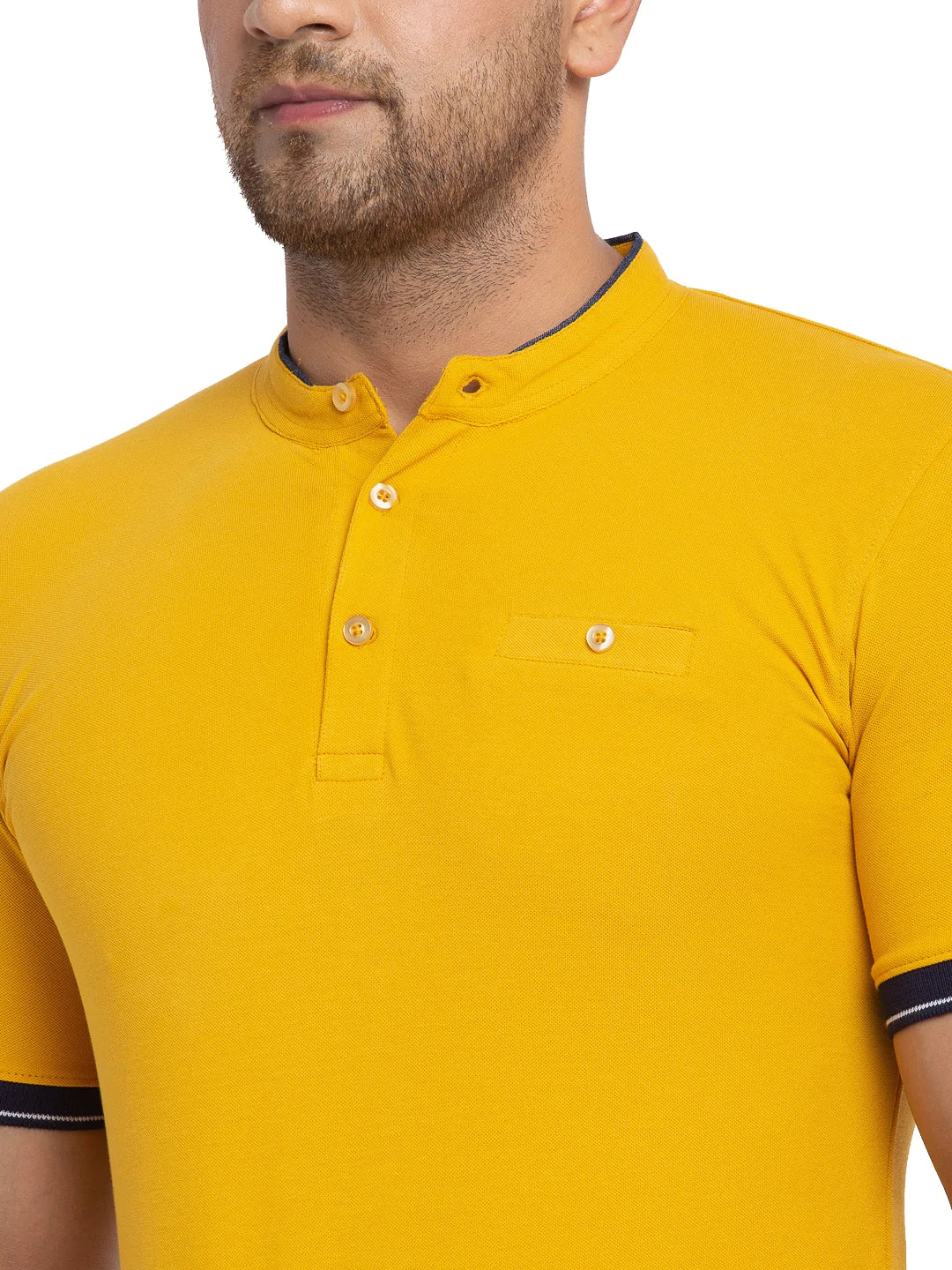 Men Mustard Yellow Solid Mandarin Collar T-shirt