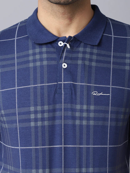 Men Blue Checked Polo Collar Slim Fit T-shirt