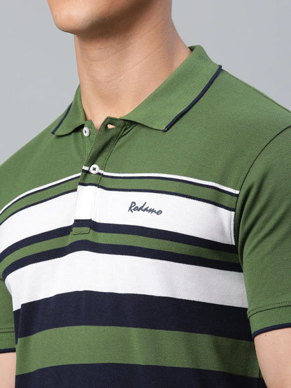 Men Olive Green  Black Striped Polo Collar Slim Fit T-shirt