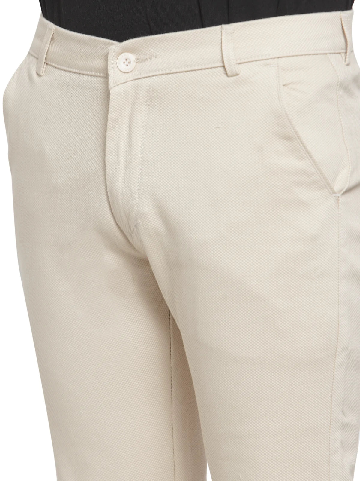 Men Beige Slim Fit Self Design Regular Trousers