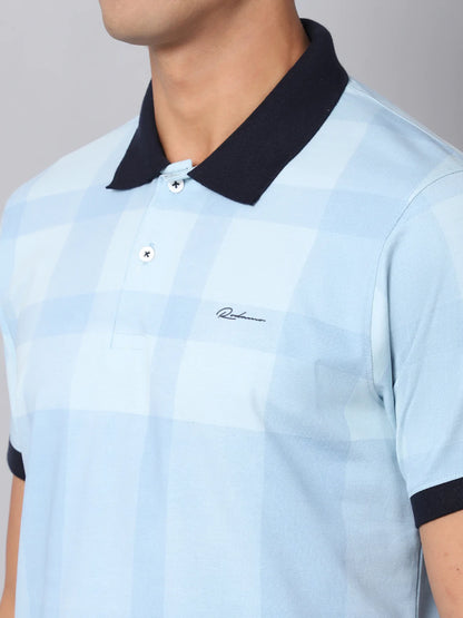 Men Blue  sand Checked Polo Collar Slim Fit T-shirt