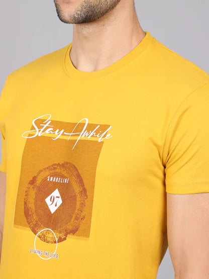 Men Yellow Typography Printed Slim Fit Cotton T-shirt