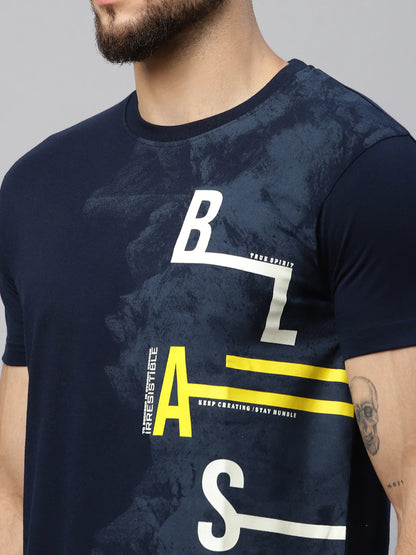 Men Navy Blue Typography Printed Raw Edge Slim Fit T-shirt