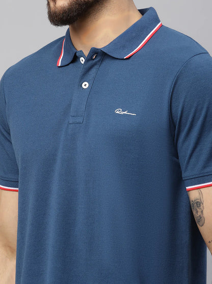 Men Blue Polo Collar Applique T-shirt