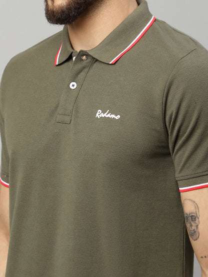 Men Olive Green Polo Collar T-shirt