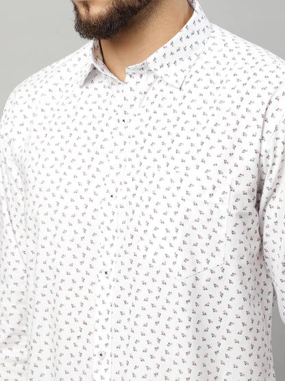 Men White Slim Fit Printed Cotton Casual Shirt