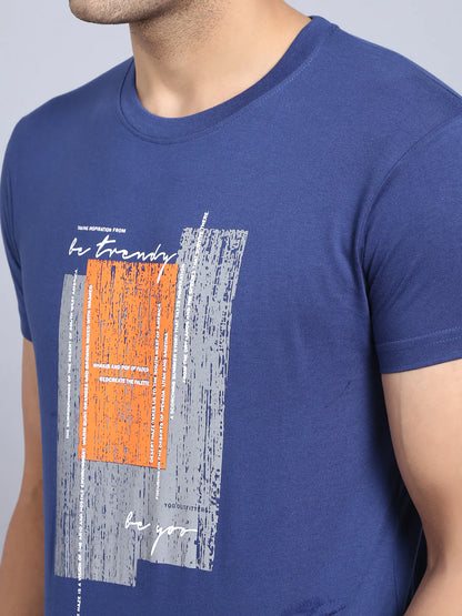 Men Blue Printed Slim Fit T-shirt