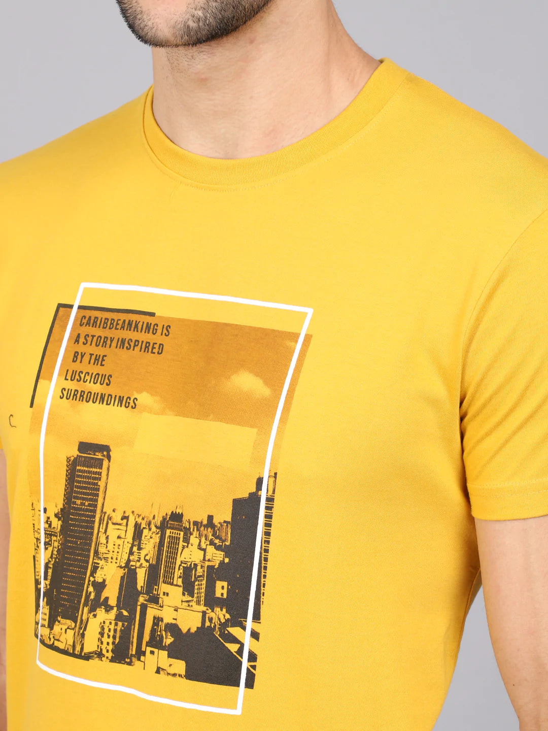 Men Yellow Printed Slim Fit Round Neck  T-shirt
