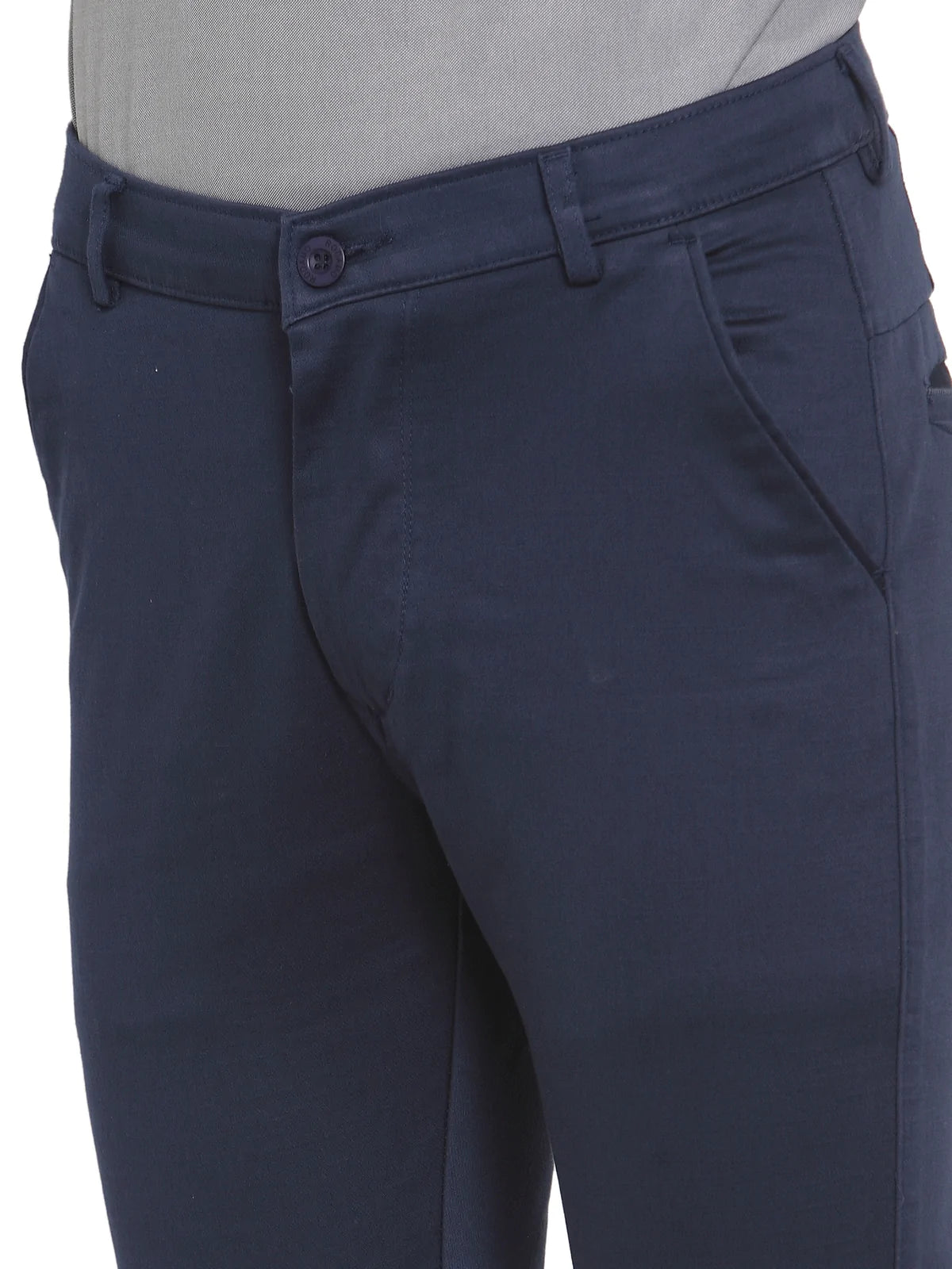 Men Navy Blue Slim Fit Solid Regular Trousers