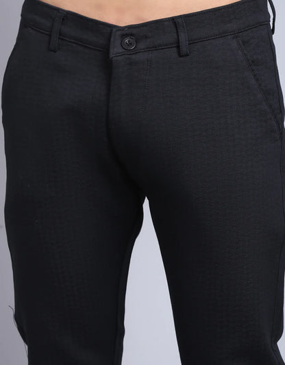 Men Black Textured Slim Fit Trousers