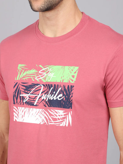 Men Pink  Green Typography Printed Slim Fit T-shirt