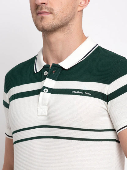 Men Green  White Striped Polo Collar T-shirt