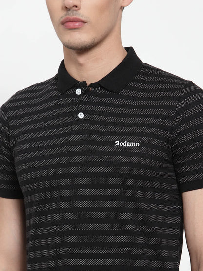 Men Black  White Striped Polo Collar T-shirt