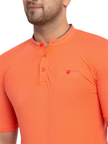 Men Orange Solid Henley Neck Cotton T-shirt