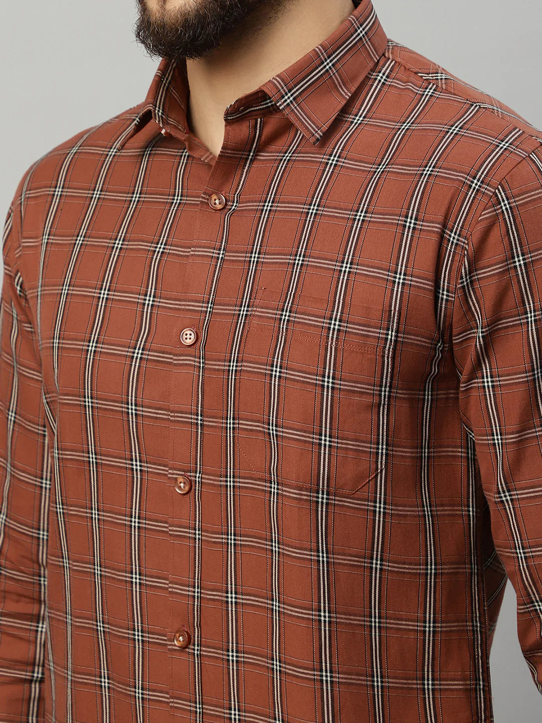 Men Brown Slim Fit Windowpane Checks Checked Casual Shirt